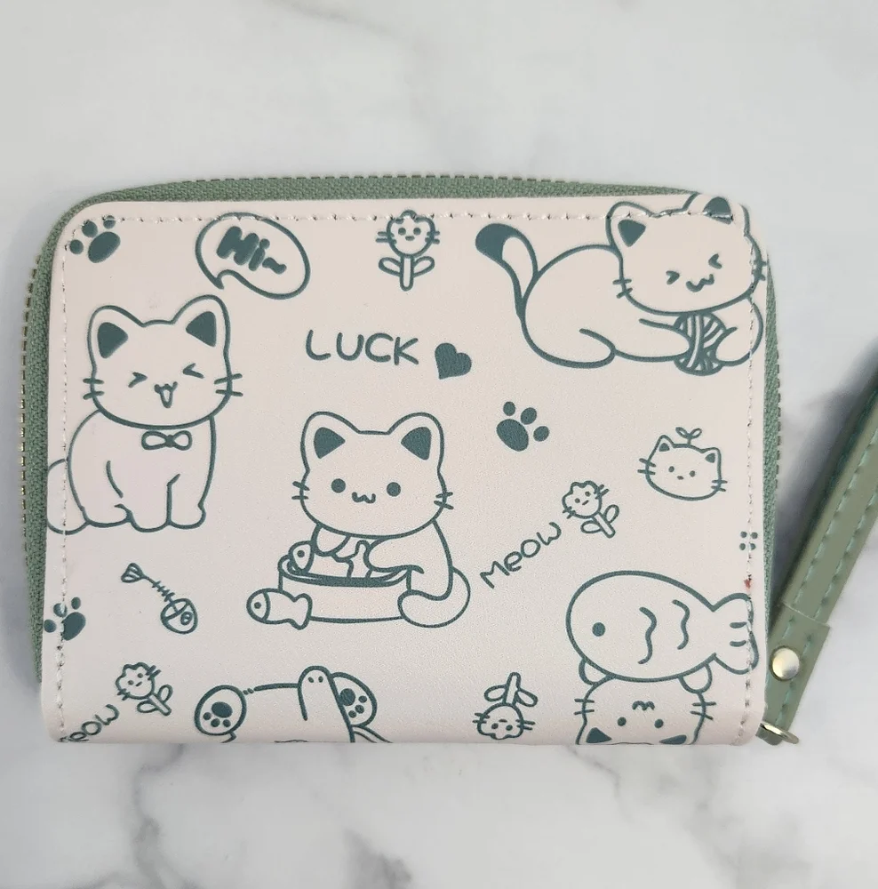 Whimsical Cat Print Mini Wallet Green & White PU Leather • Wristlet Card Hol - Picture 5 of 15